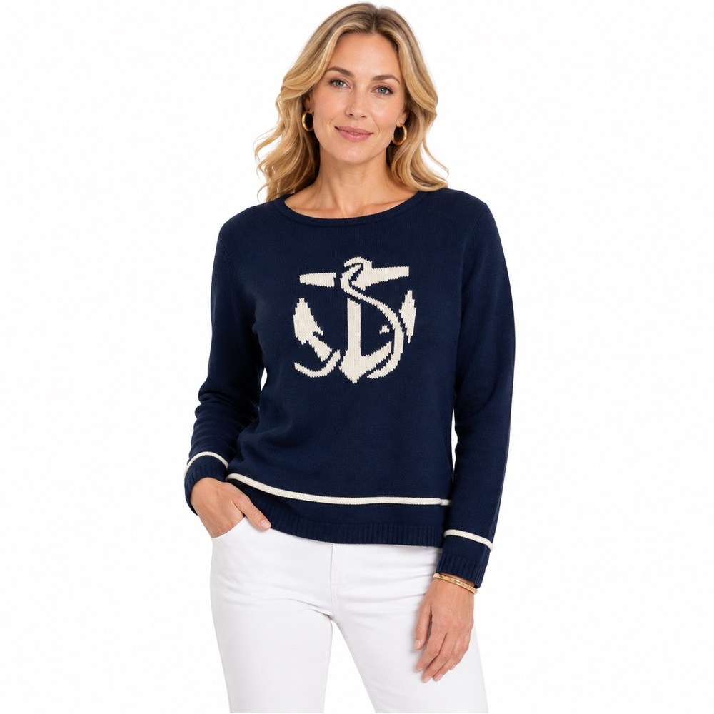 Liz Claiborne Navy Anchor Sweater Nautical Preppy Coastal Knit Sz MP
